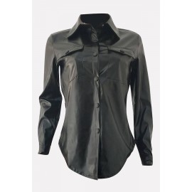 Black Faux Leather Press Button Long Sleeve Casual Coat