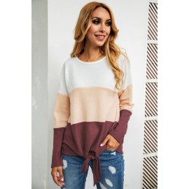 Dark-red Color Block Knotted Round Neck Casual Sweater