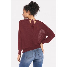 Dark-red Tied Cutout Long Sleeve Casual Sweater