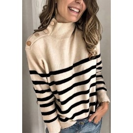 Button Decor Stripe Turtle Neck Long Sleeve Casual Pullover