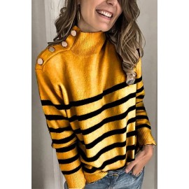 Button Decor Stripe Turtle Neck Long Sleeve Casual Pullover