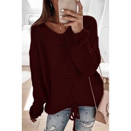 Lace Up V Neck Long Sleeve Casual Pullover