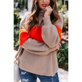 Khaki Contrast Panel High Neck Long Sleeve Casual Pullover