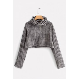 Gray Cowl Neck Long Sleeve Casual Cropped Pullover