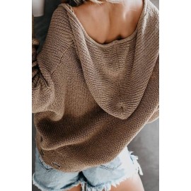 Brown Ripped Zipper Up Hooded Long Sleeve Casual Cardigan