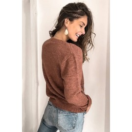 Brown Crochet V Neck Button Up Long Sleeve Chic Cardigan