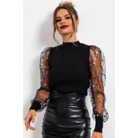 Splicing Mesh Sequins Mock Neck Long Sleeve Chic Pullover