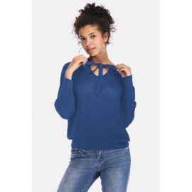 Blue Tied Cutout Long Sleeve Casual Sweater