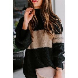 Black Contrast Panel High Neck Long Sleeve Casual Pullover