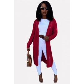 Dark-red Ripped Long Sleeve Casual Cardigan