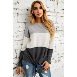 Light-gray Color Block Knotted Round Neck Casual Sweater