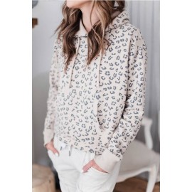 Apricot Leopard Pocket Long Sleeve Casual Hoodie