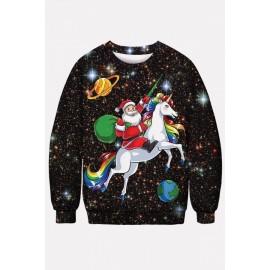 Black Unicorn Santa Claus Print Round Neck Long Sleeve Christmas Sweatshirt