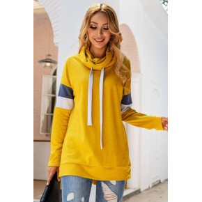 Yellow Color Block Cowl Neck Long Sleeve Casual Sweatshirt