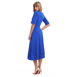 Blue Half Sleeve V Neck High Waist Flared Dress