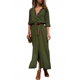 Army Green Slit Maxi Shirt Dress with Sash