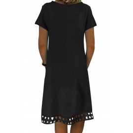 Black Short Sleeve V Neck A-Line Casual Shirt Dress