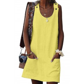 Yellow Buttoned Pockets Sleeveless Dress