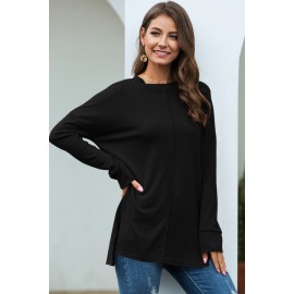 Black Slit Round Neck Long Sleeve High Low Casual T Shirt