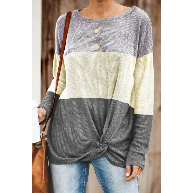 Beige Color Block Twisted Long Sleeve Casual T Shirt