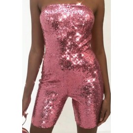 Lovely Beautiful Dew Shoulder Sequin Rose Red One-piece Romper