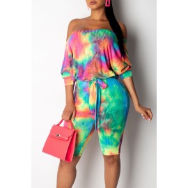 Lovely Casual Off The Shoulder Tie-dye Printed Croci One-piece Romper