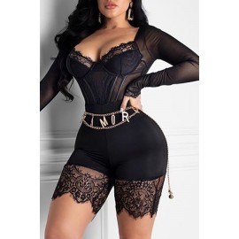 Lovely Beautiful See-through Patchwork Black One-piece Romper(Without Belt)