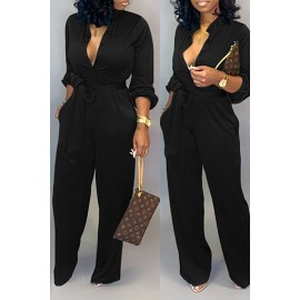 Lovely Work Lace-up Loose Black One-piece Jumpsuit