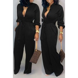 Lovely Work Lace-up Loose Black One-piece Jumpsuit