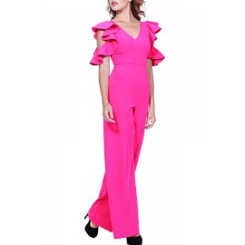 Lovely Stylish V Neck Hollow-out Rose Red One-piece Jumpsuit