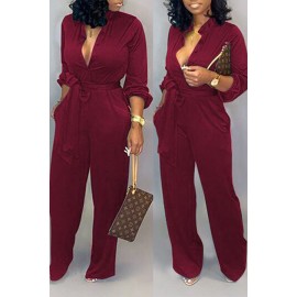 Lovely Work Lace-up Loose Wine Red One-piece Jumpsuit