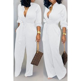 Lovely Work Lace-up Loose White One-piece Jumpsuit