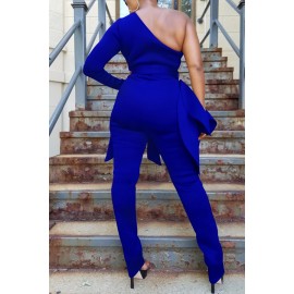Lovely Leisure One Shoulder Blue One-piece Jumpsuit