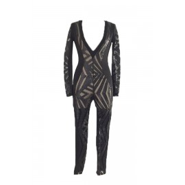 Lovely Beautiful Deep V Neck Sequined Decorative Black One-piece Jumpsuit